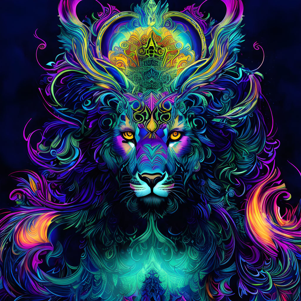 Colorful Psychedelic Lion Artwork with Ornate Mane Patterns