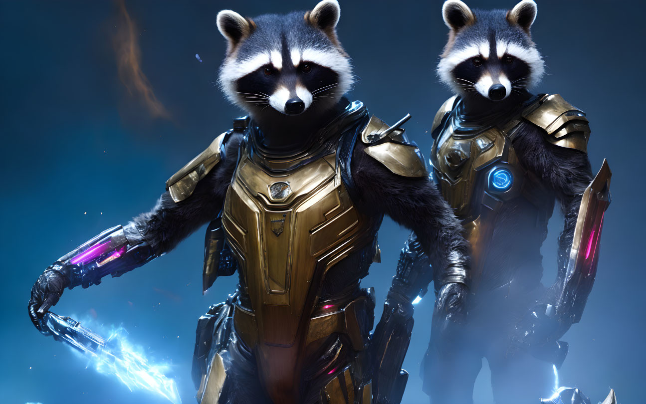 Futuristic armored raccoons with energy weapon in sci-fi setting