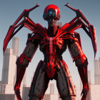 Red and Black Armored Character with Stylized Helmet and Spider Emblem in Cityscape Background