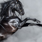 Majestic black horse with steampunk-style mechanical leg in foggy setting