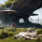 Futuristic crashed spaceship in serene overgrown landscape