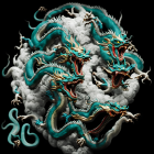 Metallic 3D Dragon with Silver Designs and Green Accents on Dark Background