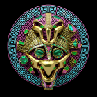 Golden Mayan-Style Mask with Emerald Jewels and Intricate Patterns