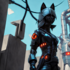 Futuristic robot in black armor with red accents in cityscape