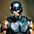 Futuristic person in black helmet and body armor with red emblem on forehead