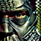 Detailed close-up of person in futuristic metallic helmet with intricate designs, highlighting one visible eye.