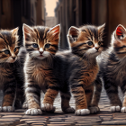 Four Striped Kittens on Cobblestone with Wooden Fence