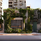 Overgrown building with green foliage and orange flowers near stark apartment blocks