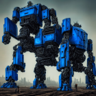 Blue armored robot with mechanical joints against cloudy sky