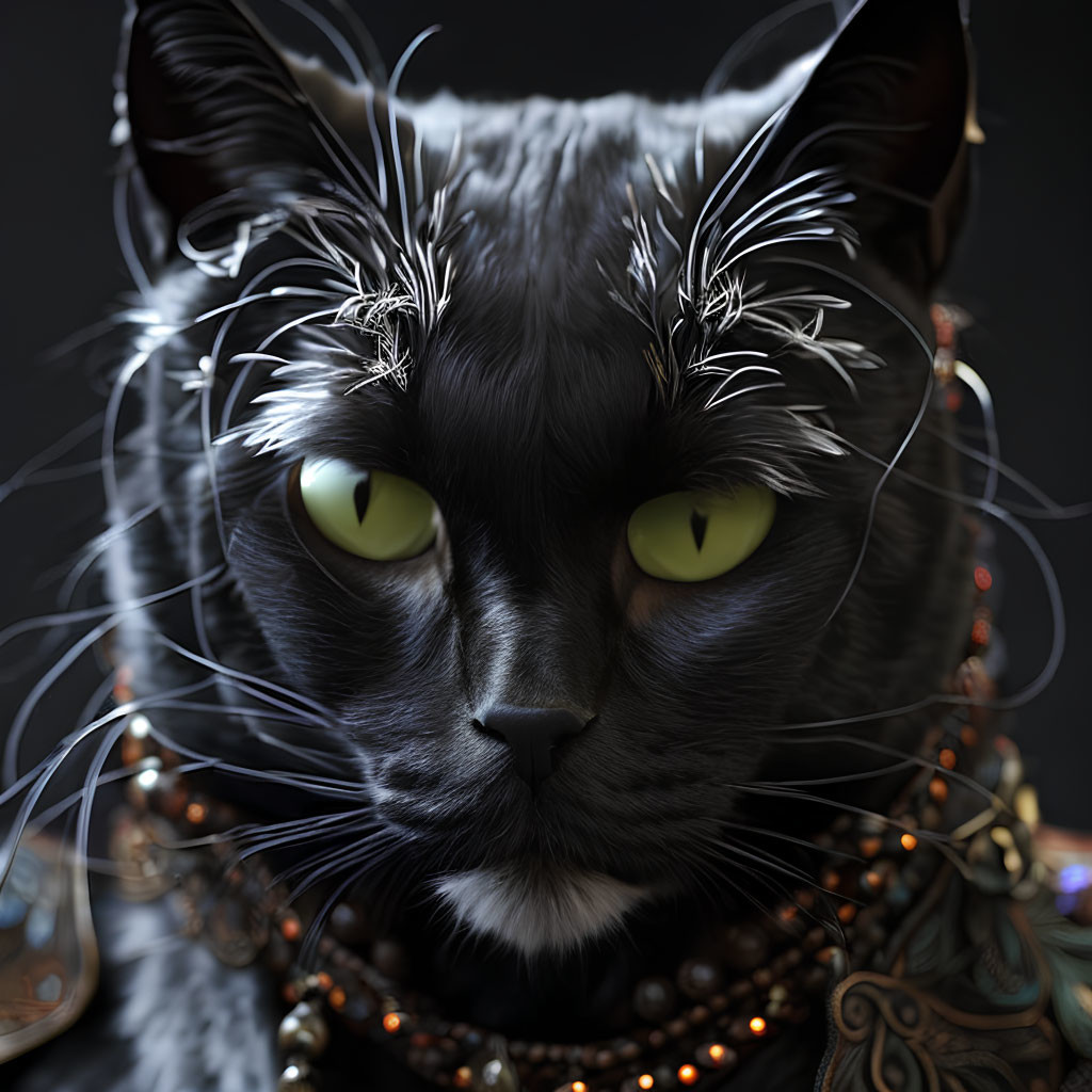 Black cat with green eyes and ornate jewelry, ear tufts