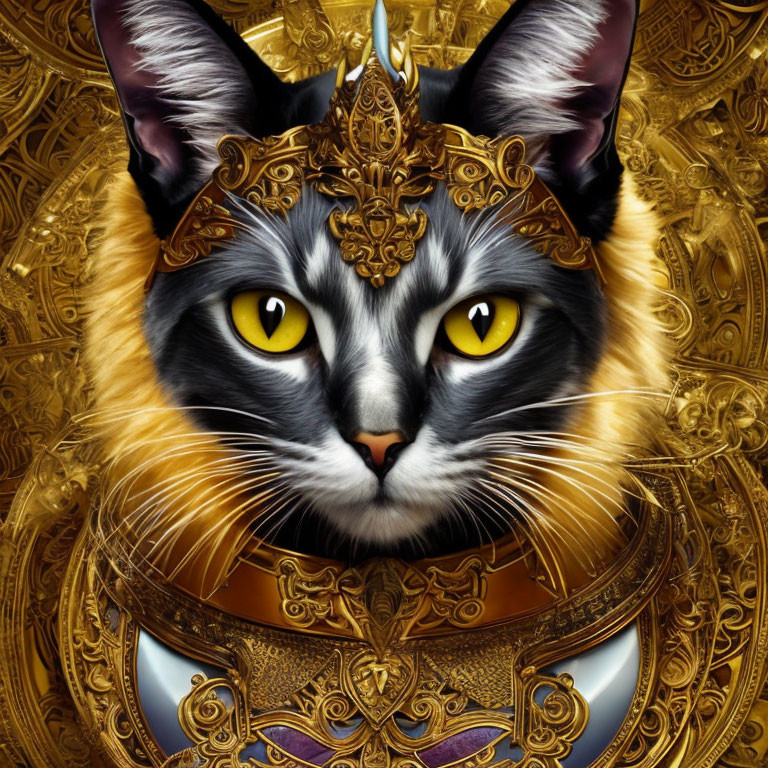 Majestic cat in ornate golden headgear and armor on intricate background