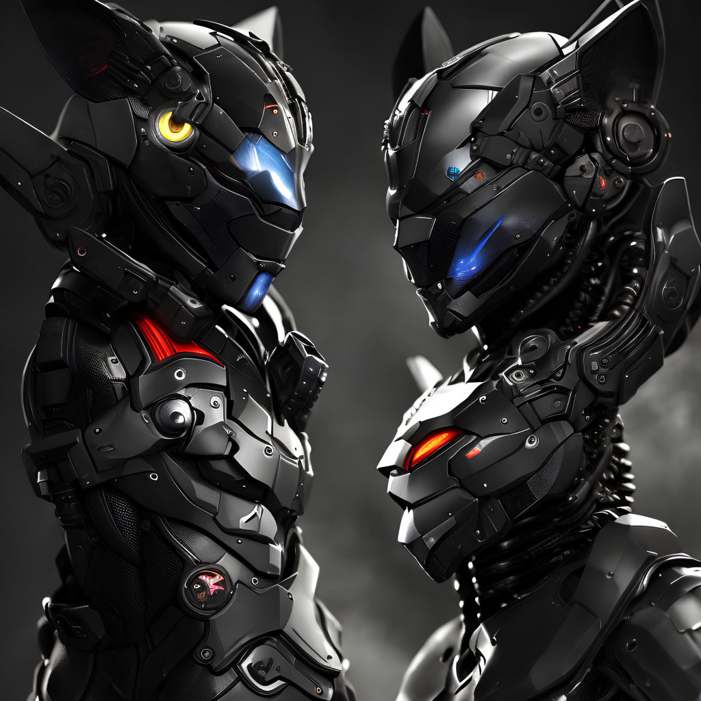 Detailed futuristic robotic heads with glowing eyes and intricate designs on dark backdrop