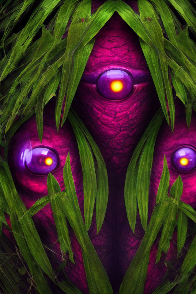 Mystical image: Trio of glowing eyes in green leaves on purple background