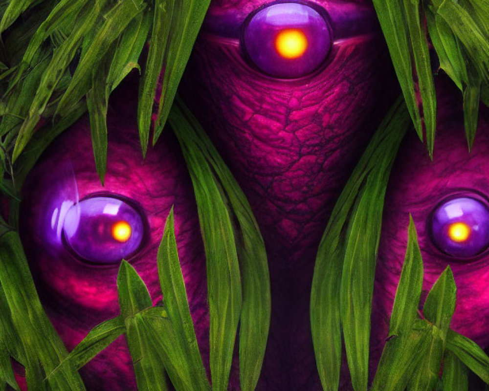 Mystical image: Trio of glowing eyes in green leaves on purple background