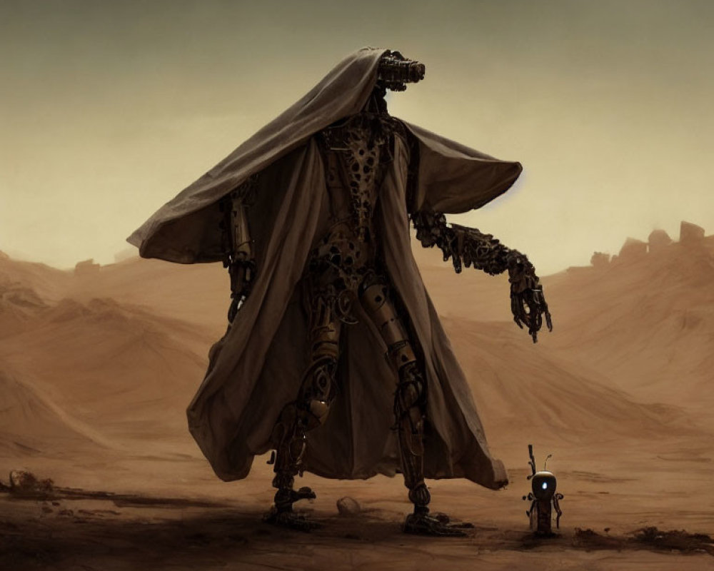 Large Robot in Cape with Small Robot in Desert Landscape at Dusk