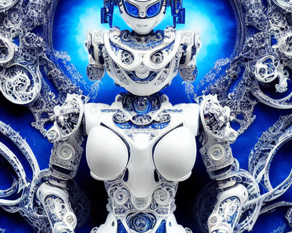 Intricate white robot posing against blue and white ornate backdrop