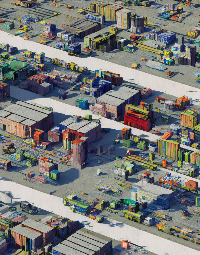 Vibrant container port with stacked containers and equipment