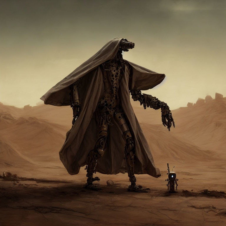 Large Robot in Cape with Small Robot in Desert Landscape at Dusk