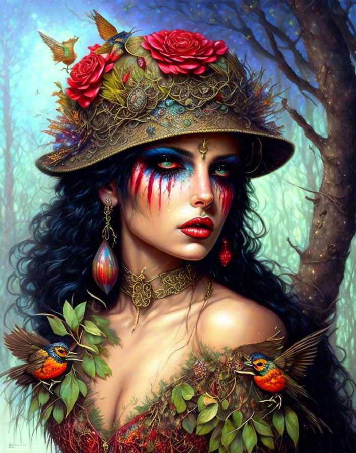 Mystical woman with vibrant makeup and floral hat in forest setting