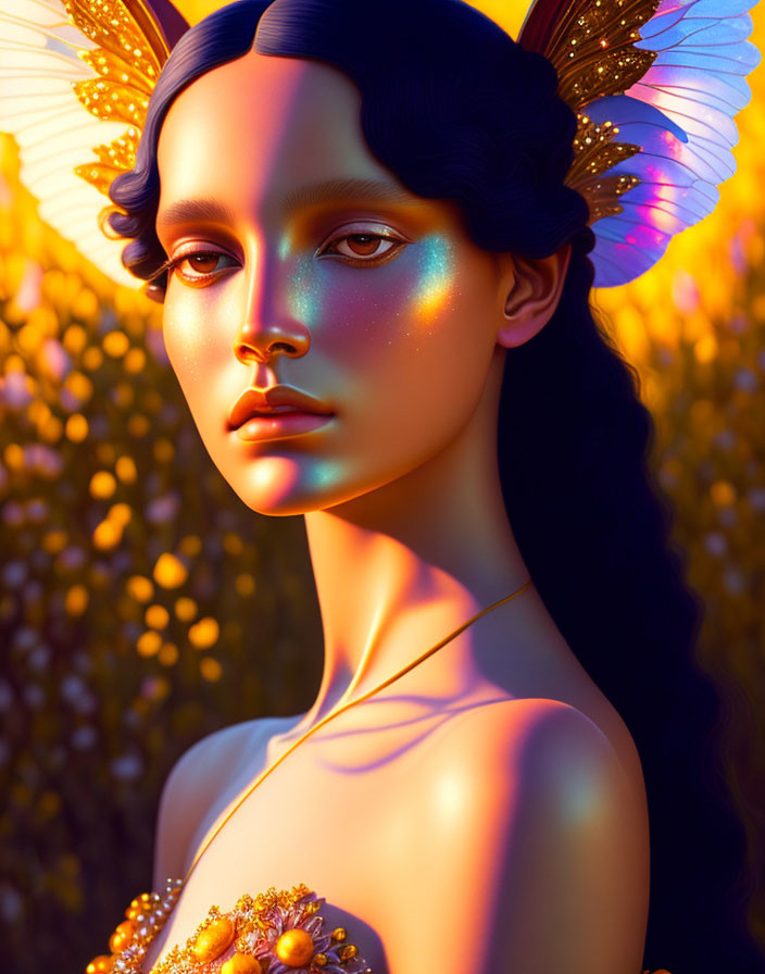 Fantastical portrait of creature with butterfly wings and iridescent skin in golden flora.