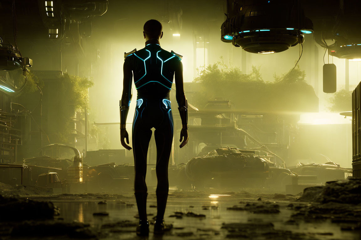 Glowing figure in dystopian alley with hovering machines