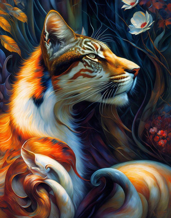 Vivid Abstract Feline Painting with Warm Hues and Floral Backdrop