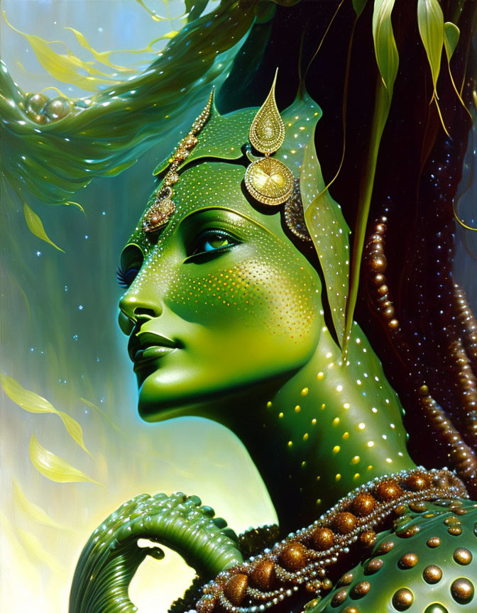 Green-skinned female figure with golden headdress and tentacle-like adornments on luminous background