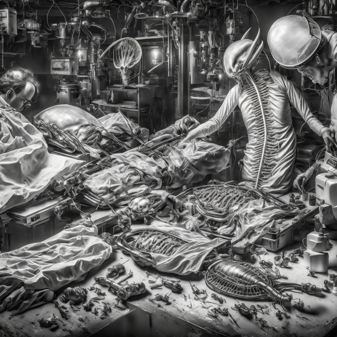 Monochrome image of four people in protective gear working on mechanical figures