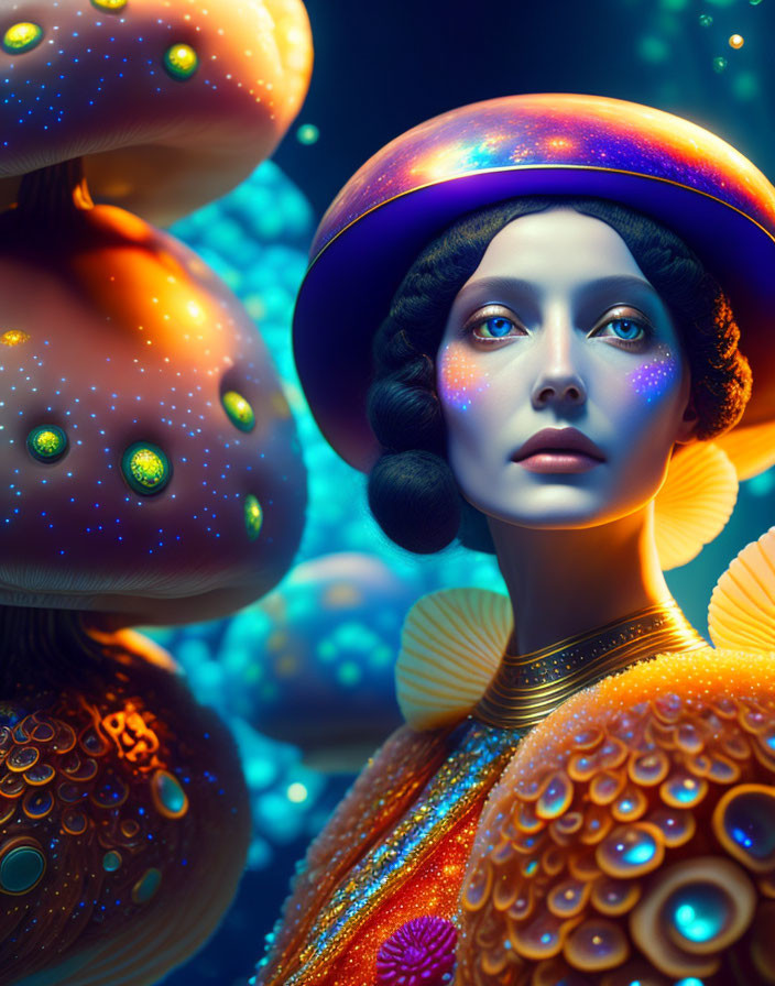 Surreal portrait: woman with vintage hairstyle and futuristic hat, vibrant glowing mushrooms.