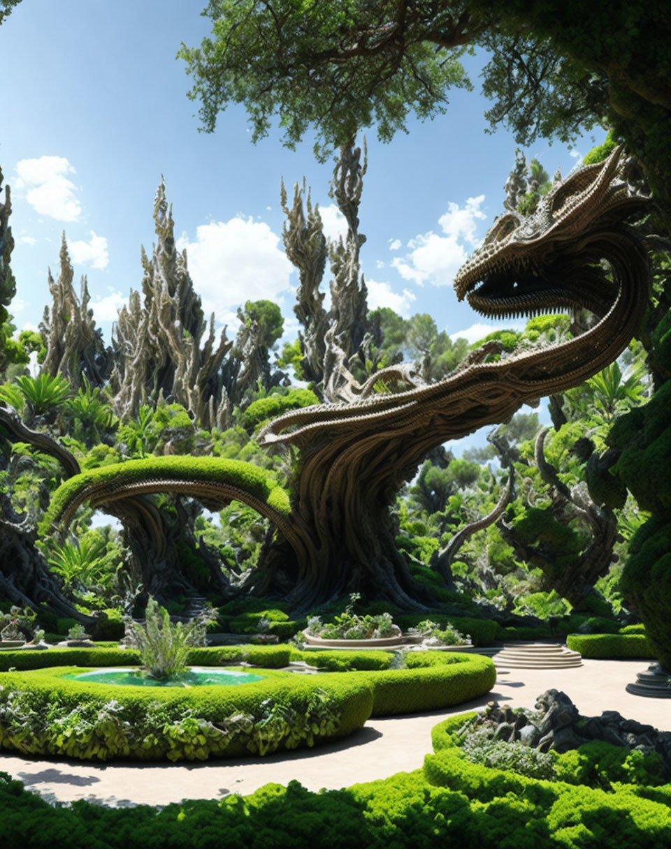 Fantastical garden with dragon-shaped topiaries and rocky formations