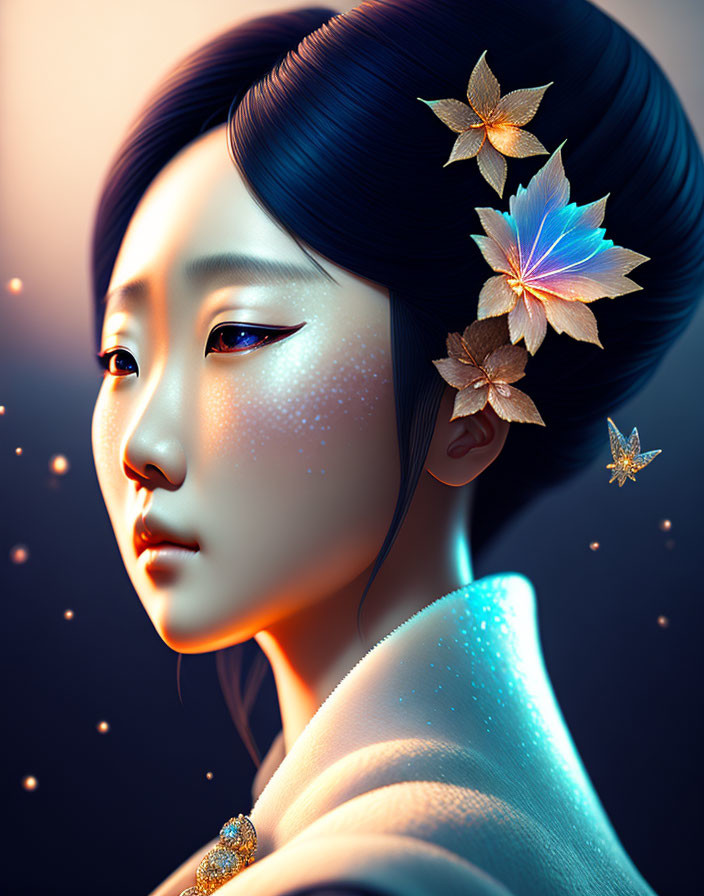 Digital Artwork: Woman with Elegant Updo and Flower Decor, Glowing Particles, Serene