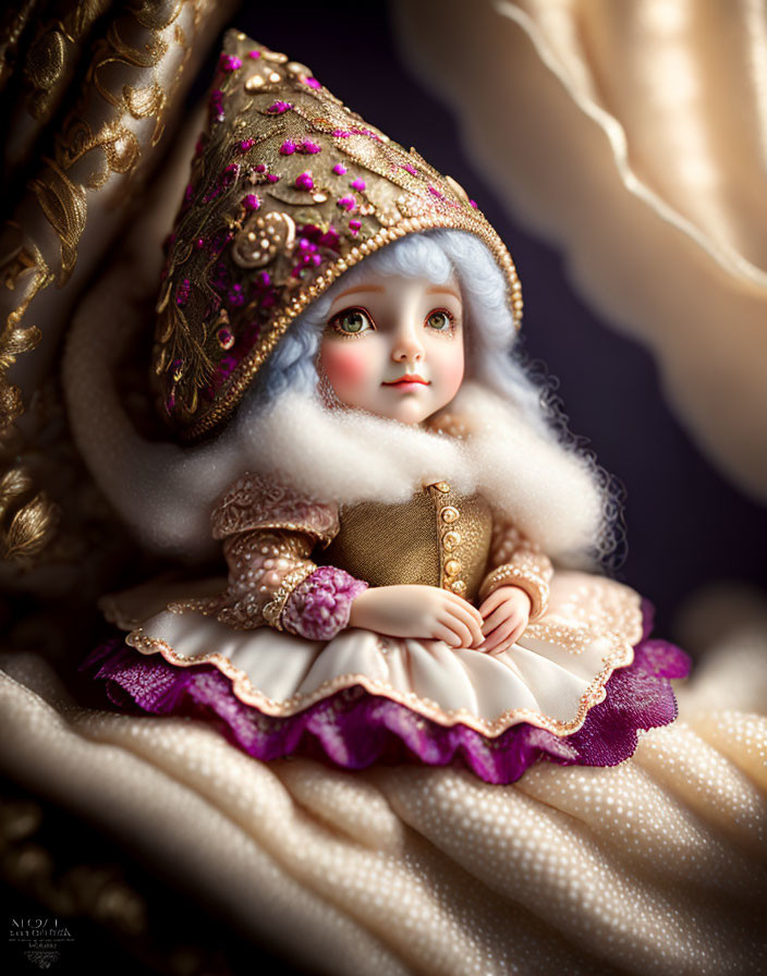 Porcelain doll in traditional outfit with gold and pink hat