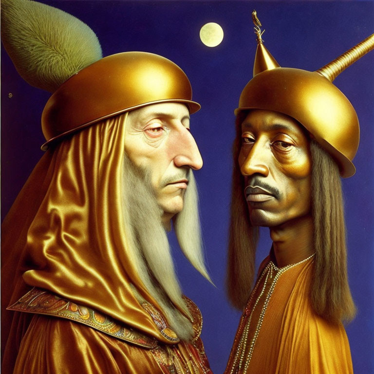 Stylized portraits: Golden helmet vs. unicorn horn, solemn expressions