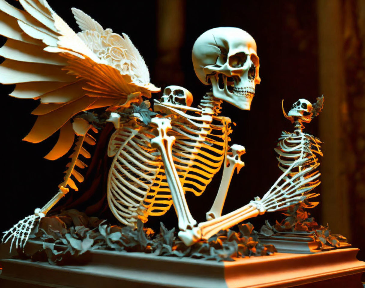 Skeletal figures with wings and skull on leaf base under warm light