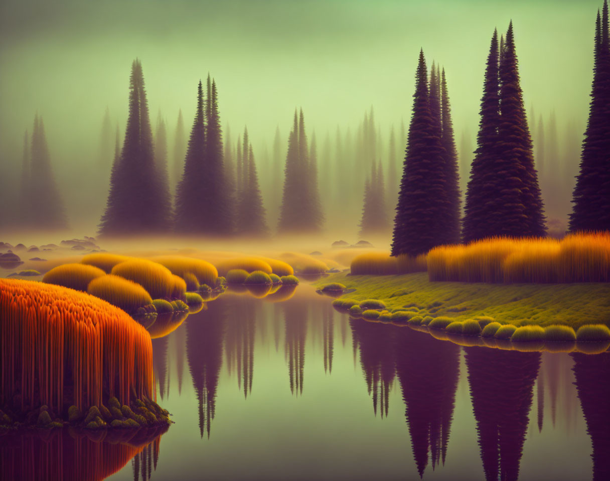 Tranquil landscape with tall trees, calm lake, misty ambiance, and grass-covered mounds