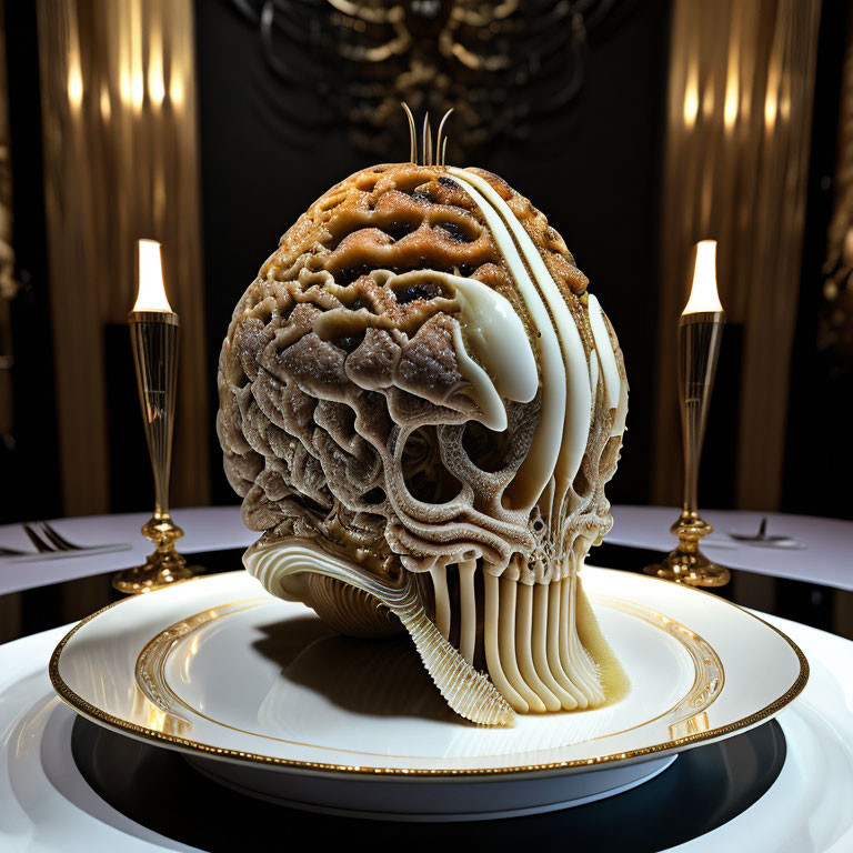 Luxurious Setting with 3D-Printed Brain Sculpture, Lamps, and Mirrors