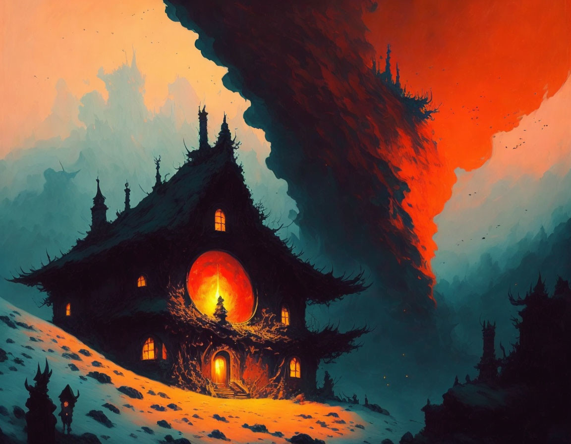 Stylized illustration of eerie traditional house against fiery sky