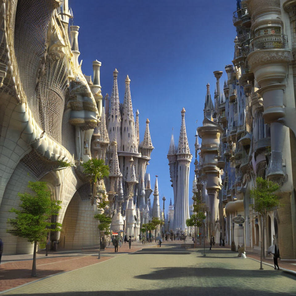 Fantastical street with towering spires and elaborate facades