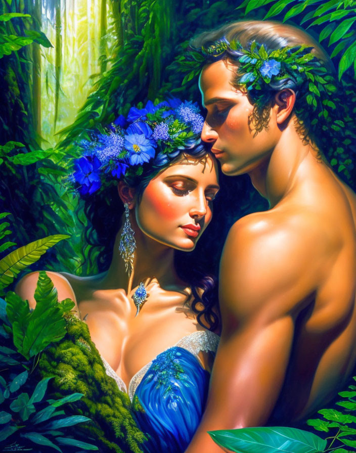 Romantic couple embraced in lush green forest with blue flowers.