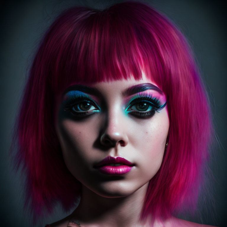 Vibrant pink hair and blue eye makeup on person against dark background