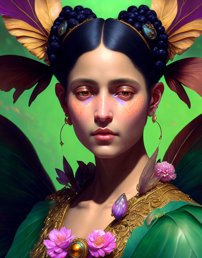 Digital portrait of a woman with butterfly, berry, flower, and gold jewelry elements on green background