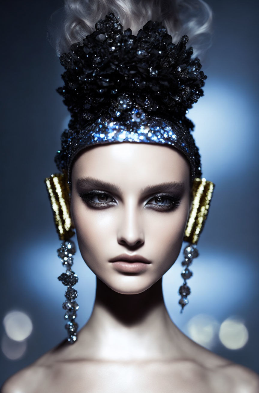 Woman with Smoky Eye Makeup in Black Beaded Headdress