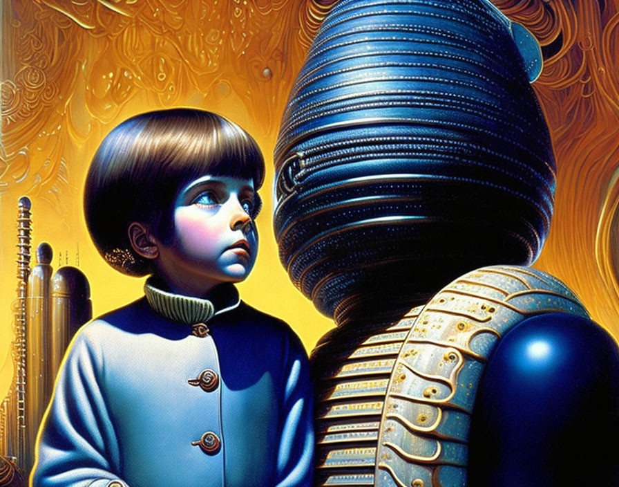 Child with Bob Haircut Gazing at Metallic Sphere on Golden Futuristic Background