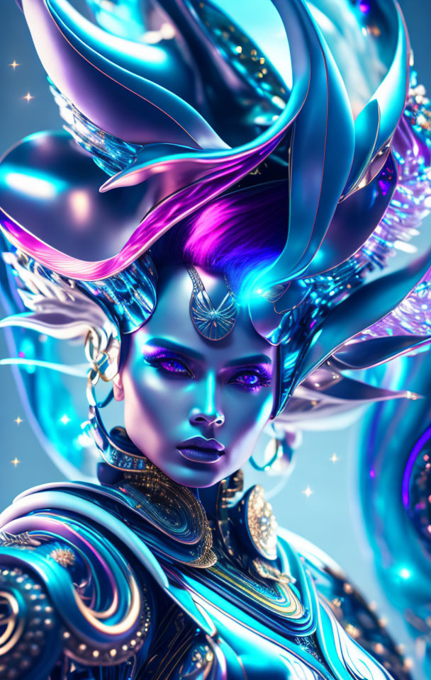 Futuristic female figure in blue and silver armor with purple hair