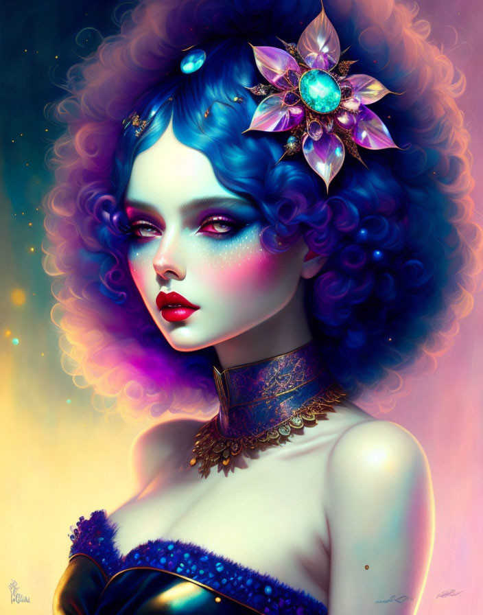 Colorful portrait of a woman with blue skin, curly hair, and gemstone jewelry