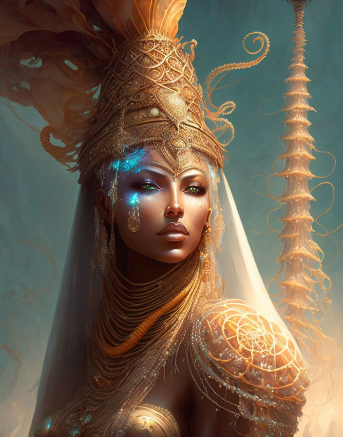 Regal woman with golden headgear and jewelry, mystical blue glow