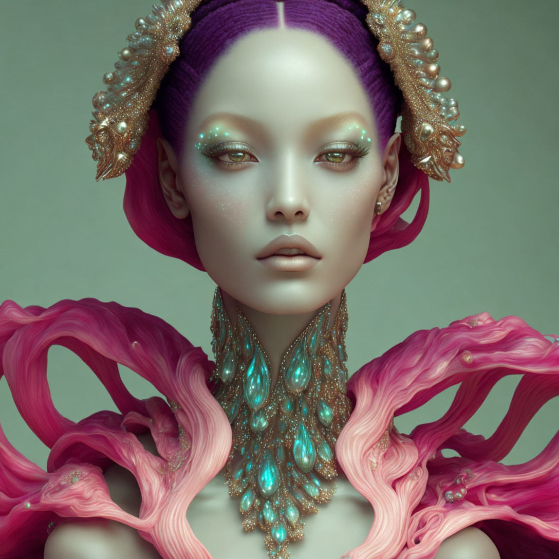 Fantasy portrait featuring woman with purple hair and intricate gold jewelry