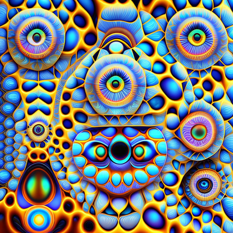 Vibrant Psychedelic Digital Art with Eye Patterns and Colorful Details