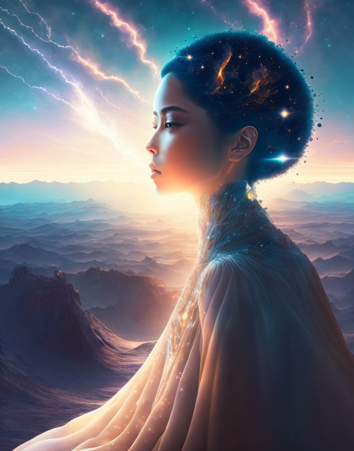 Surreal portrait of woman with galaxy hair in twilight landscape