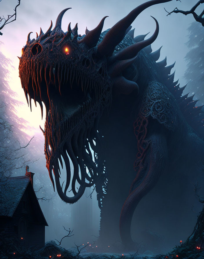 Menacing dragon with red eyes and horns in twilight forest.